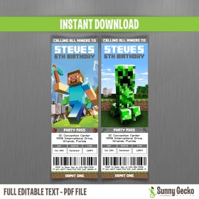 Minecraft Birthday Ticket Invitations